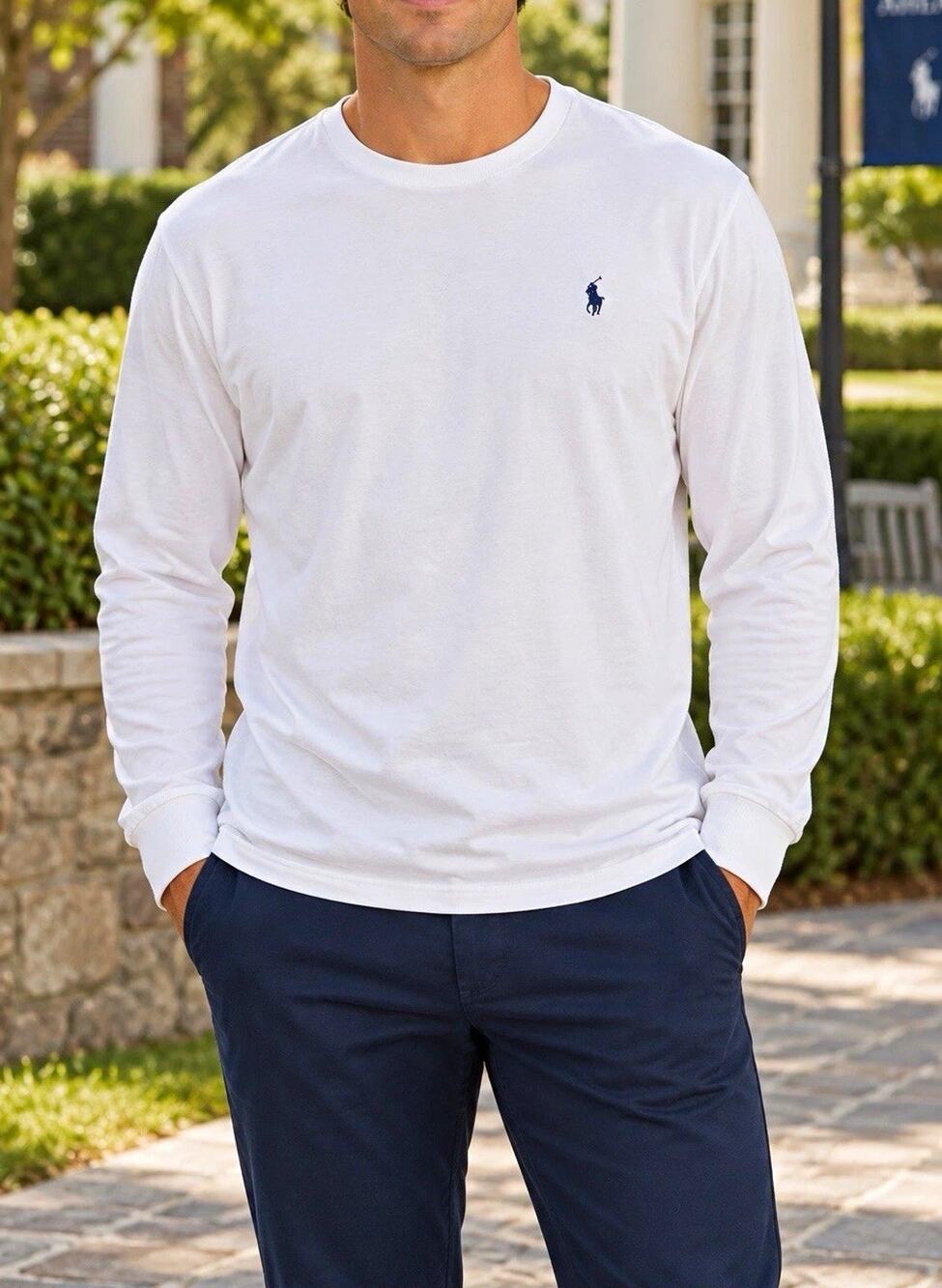 Polo Ralph Lauren Men’s XL White Long Sleeve T Shirt Custom Fit Navy Pony
